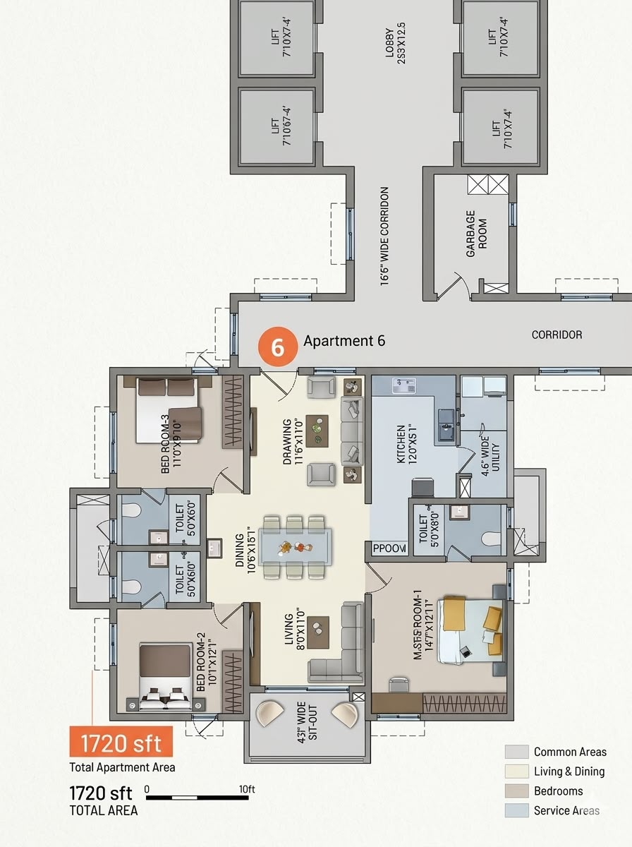 East-facing 1720 SFT flat 23 rd Floor (Unit 2306) in Tower Hazel